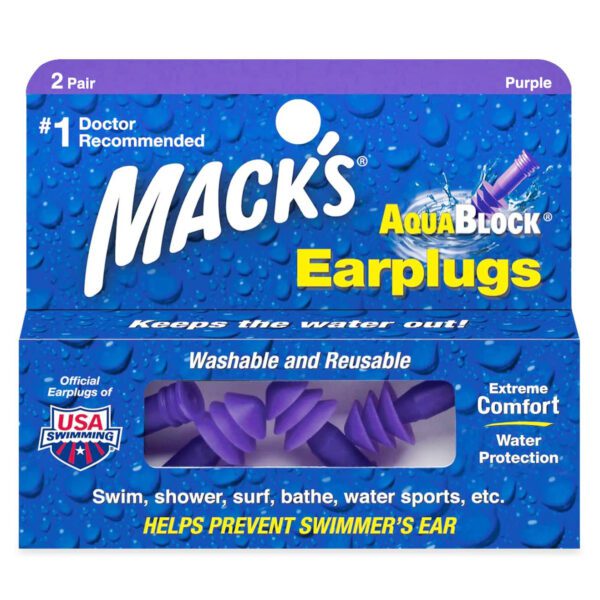 Mack's Aqua Block earplugs in purple to keep water out of your ears