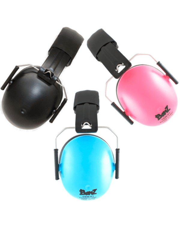 Baby Banz Junior over-the-ear hearing protection for children in black, pink, and blue