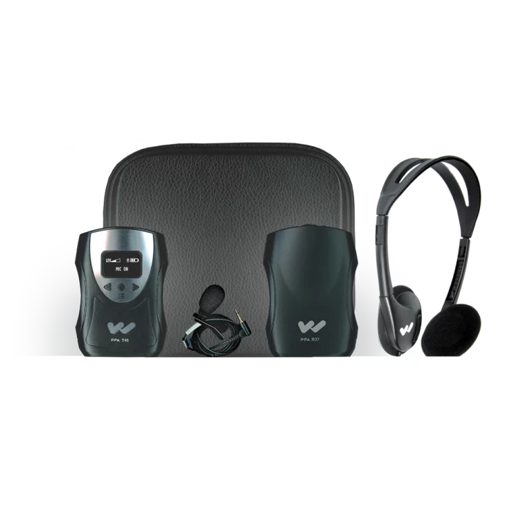 Personal FM Listening System kit includes receiver, transmitter, wearable microphone, and headphones