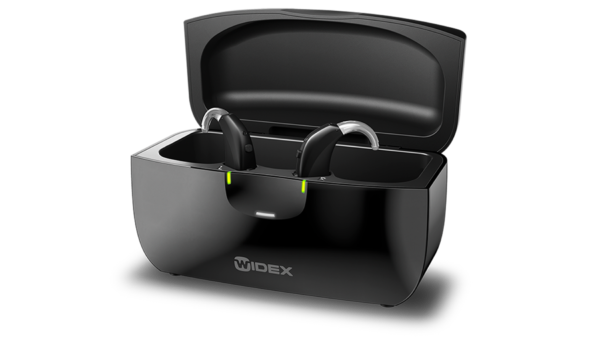Widex BTE Charge N Clean with lid open and hearing aids charging inside