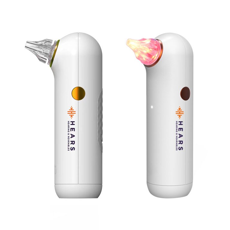 Rechargeable Ear Dryer in white with hears hearing and hearables logo in purple text