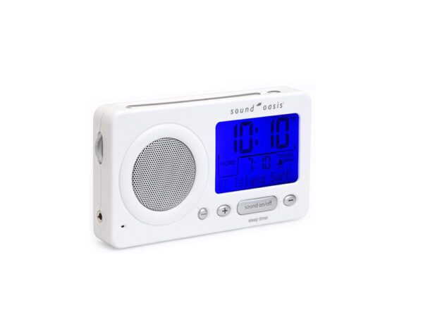 Sound Oasis Travel Sleep Sound Therapy System in white with a blue light up clock screen