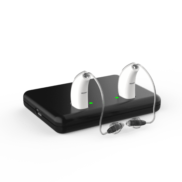 Starkey Hearing aid Mini Turbo Charger in black with green charging lights