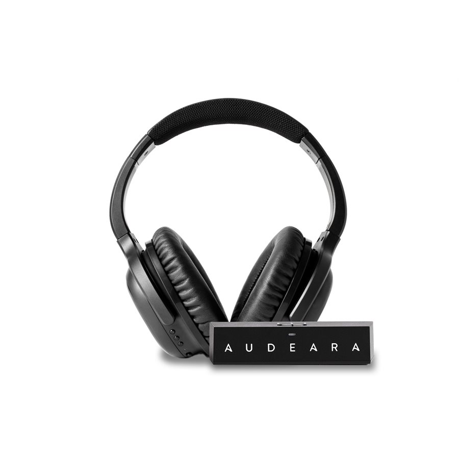Audeara over the ear noise cancelling headphones in black with corresponding audeara blutooth transmitter