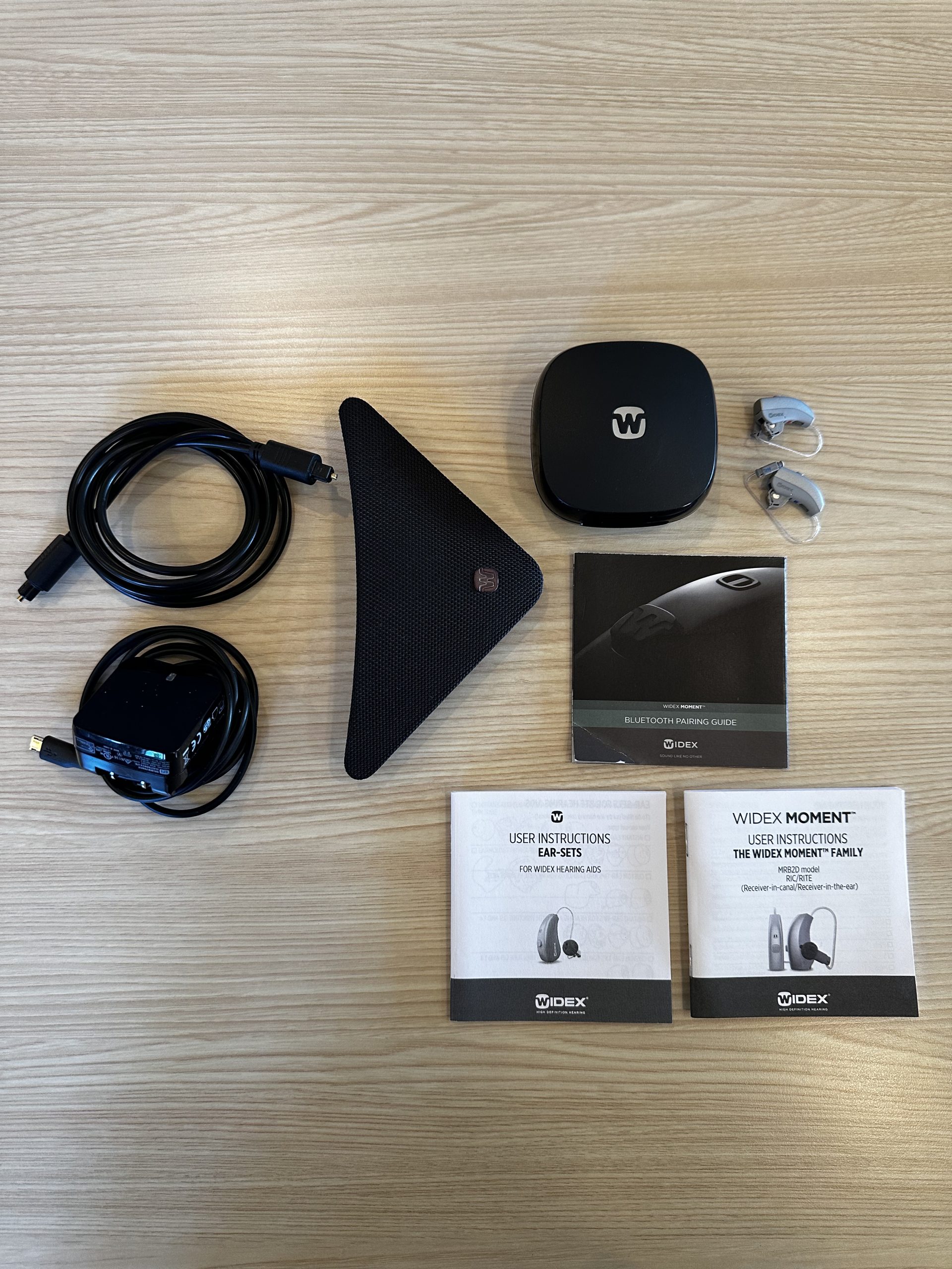 used widex moment hearing aids with tv play and supplies