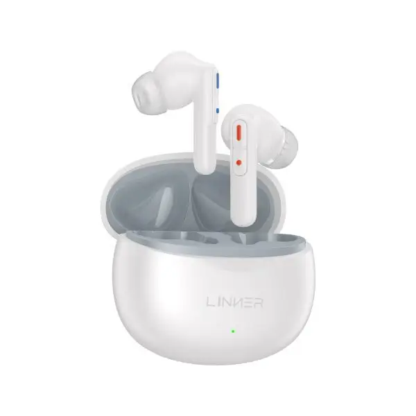 LINNER Nova OTC hearing aid in white with charging case