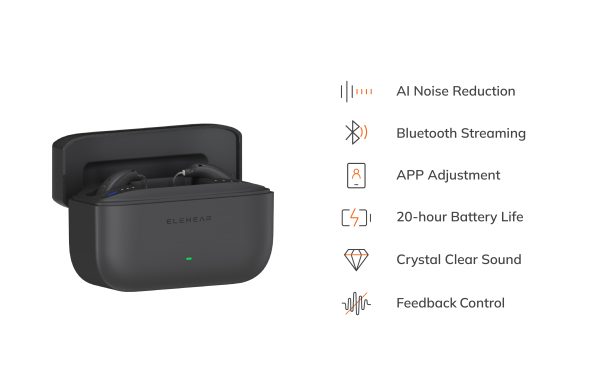 elehear alpha pro otc hearing aids in charger with specs